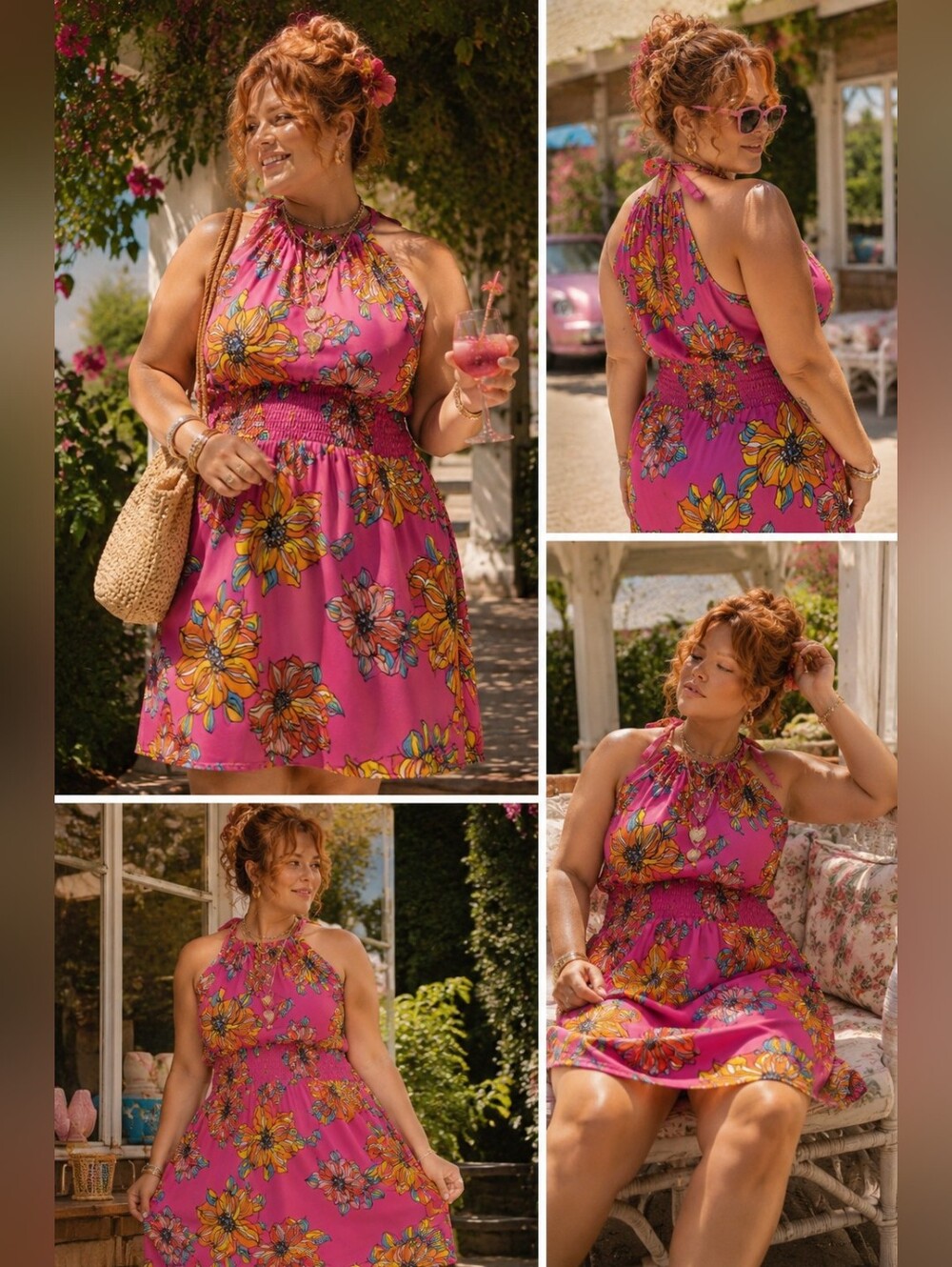 Trina Turk Pink Floral Halter Dress Smocked Waist Sleeveless